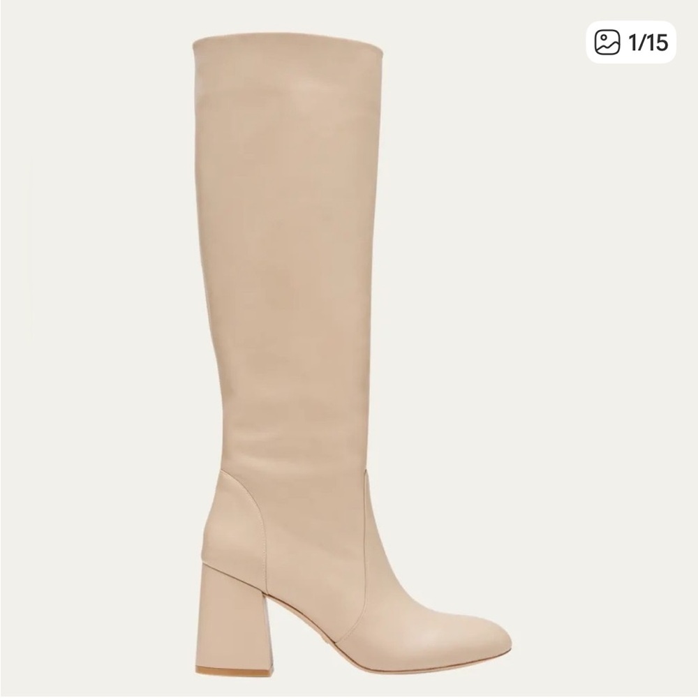 Stuart Weitzman Flareblock 85 Leather Heeled Boots - Dune - Picture 2 of 14